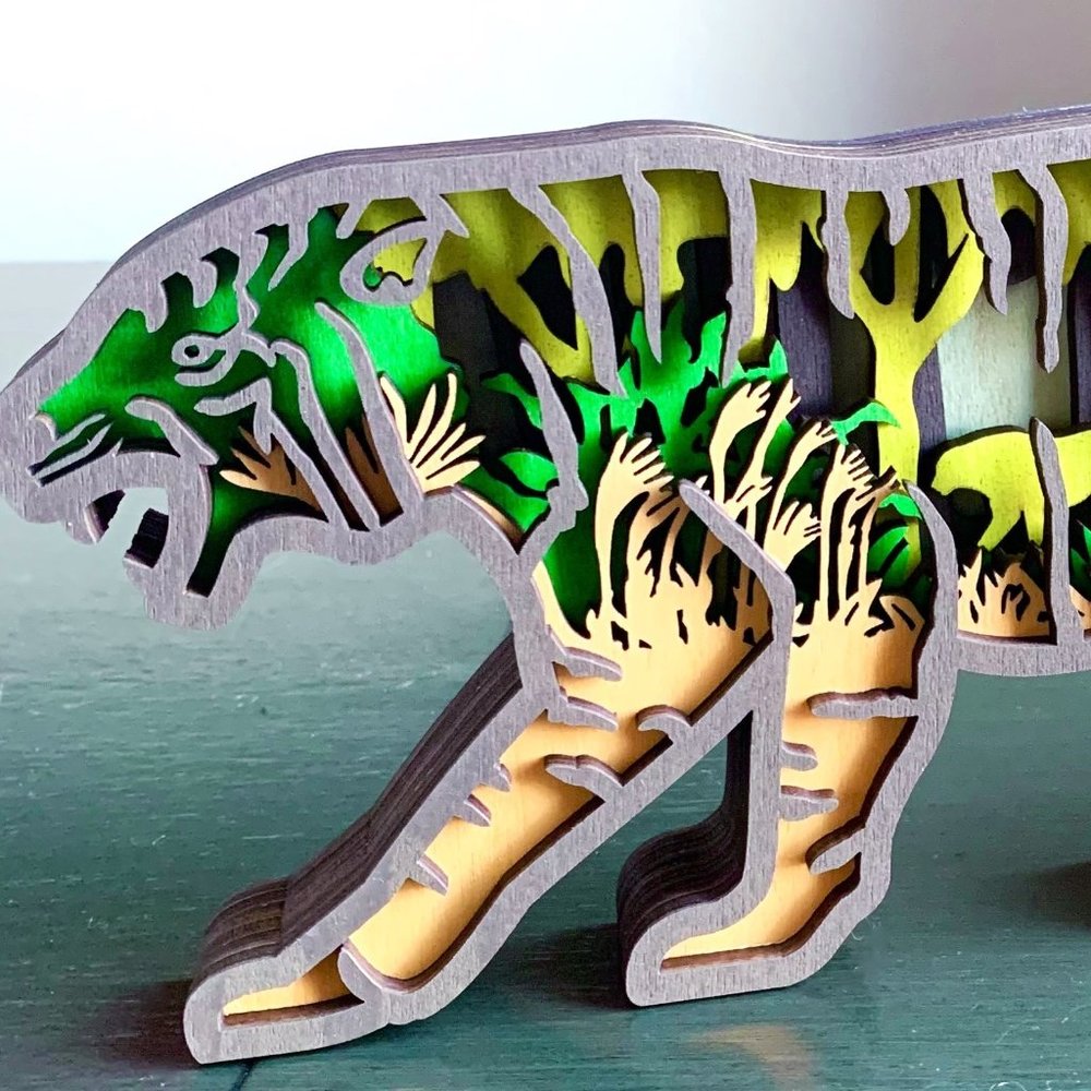 Tiger Big Cat Tropical Jungle Scene Wood Wooden Diorama 3D Sculpture Figure New
